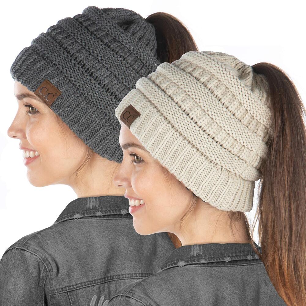 5588 Solid BeanieTail 2 Pack Bundle - Beige & Charcoal